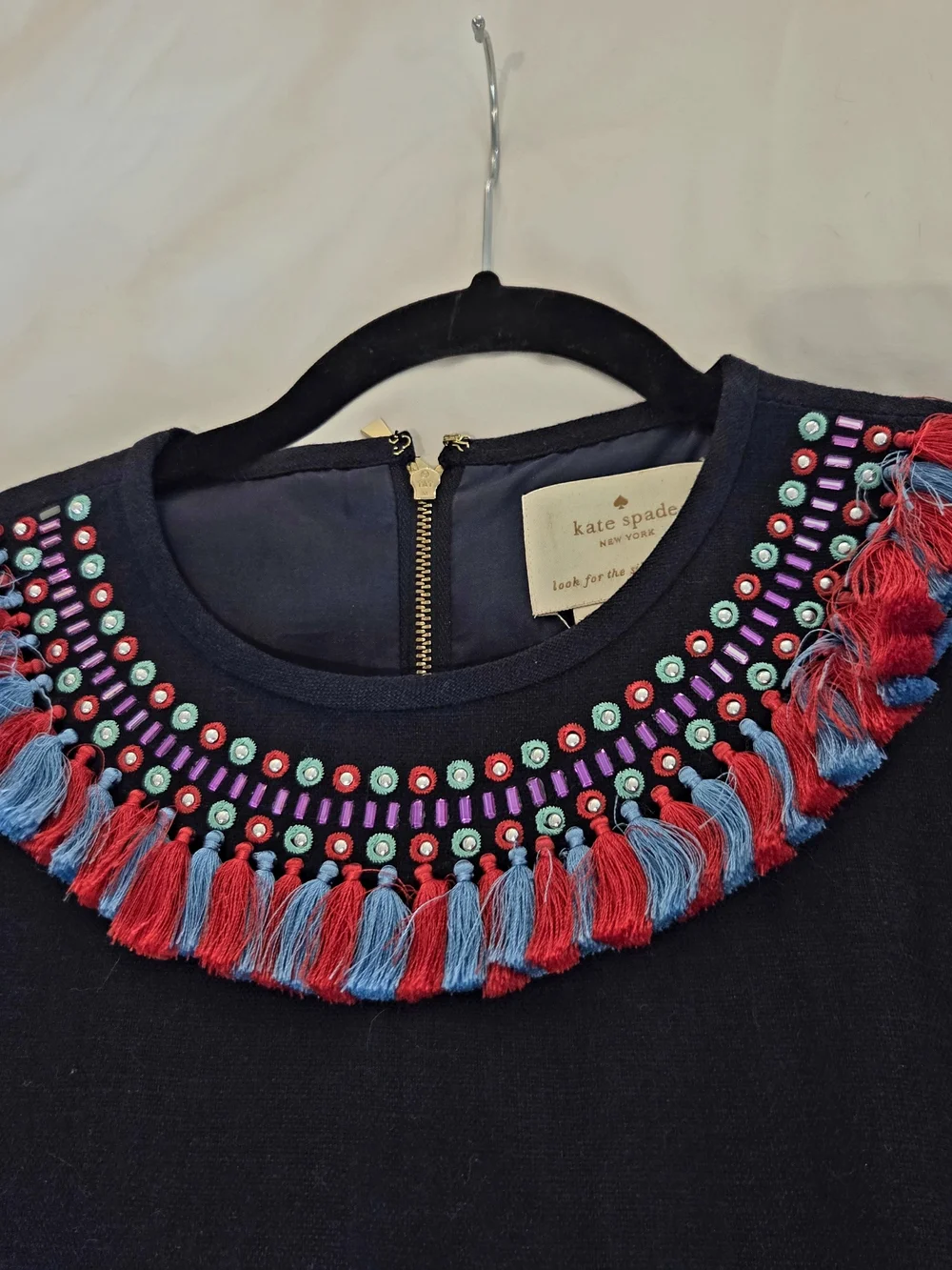 Kate Spade, Navy Embellished Tassel Sweater with Multicolor Beading - Picture 3 of 6